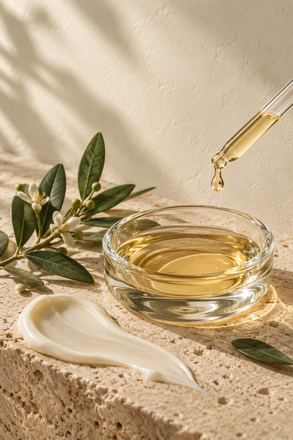 A clear glass dish of golden oil beside a cream swatch and an olive branch with jasmine, on travertine stone