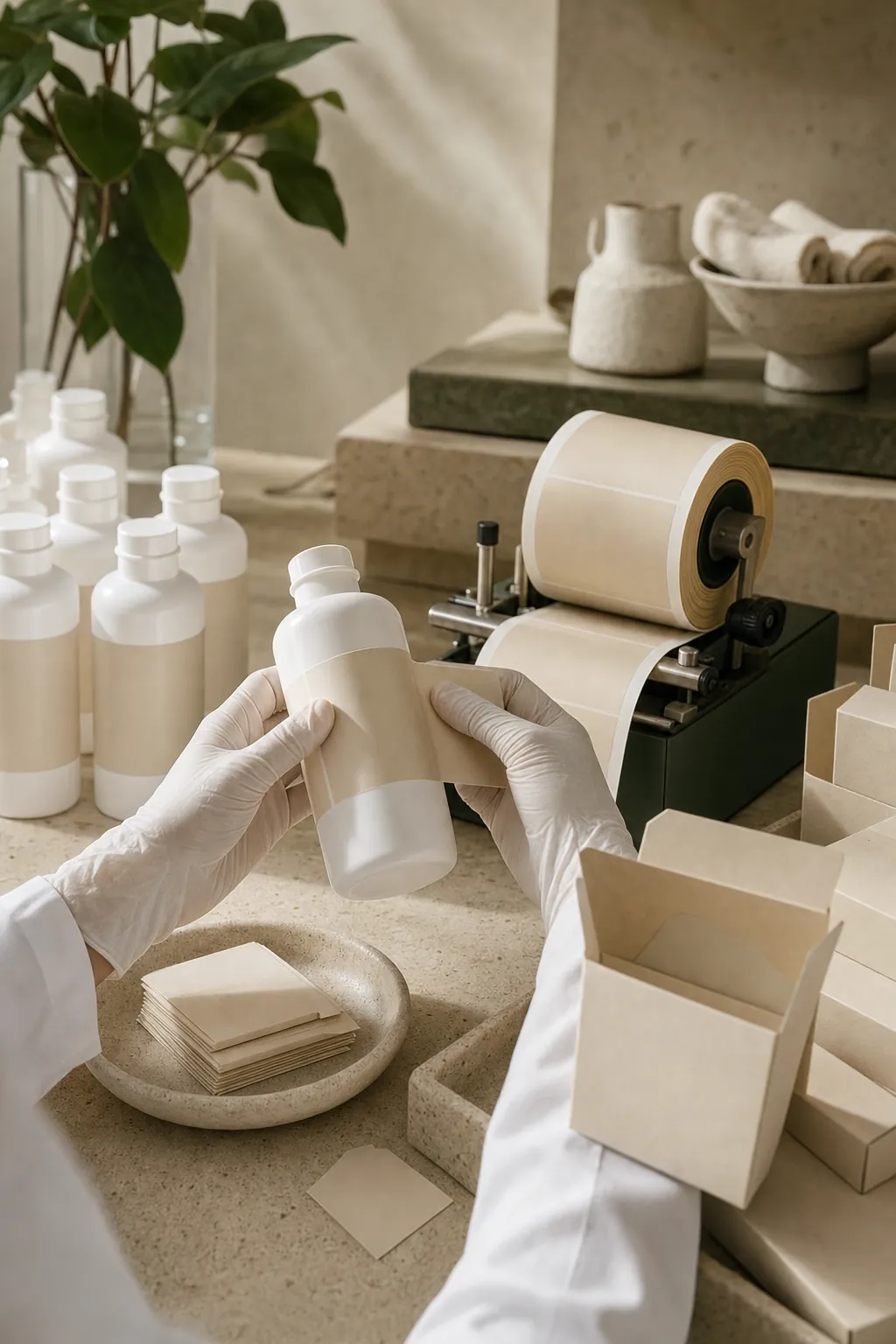 Bottles being labelled and cartons folded at a packing station