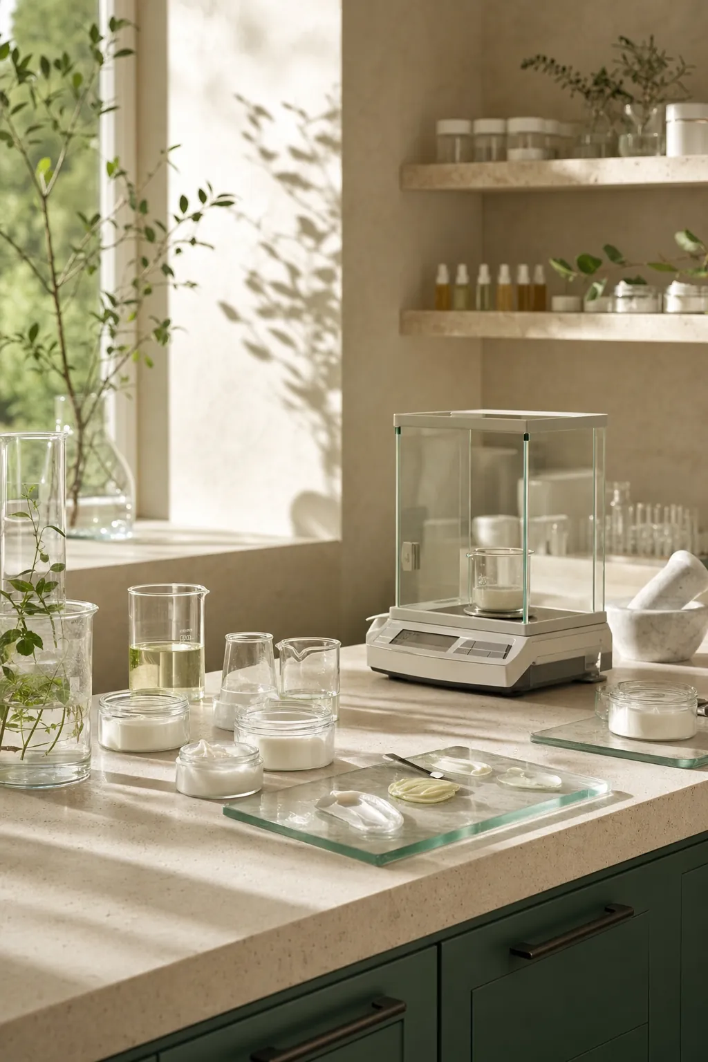 A laboratory bench with beakers, a balance and cream swatches