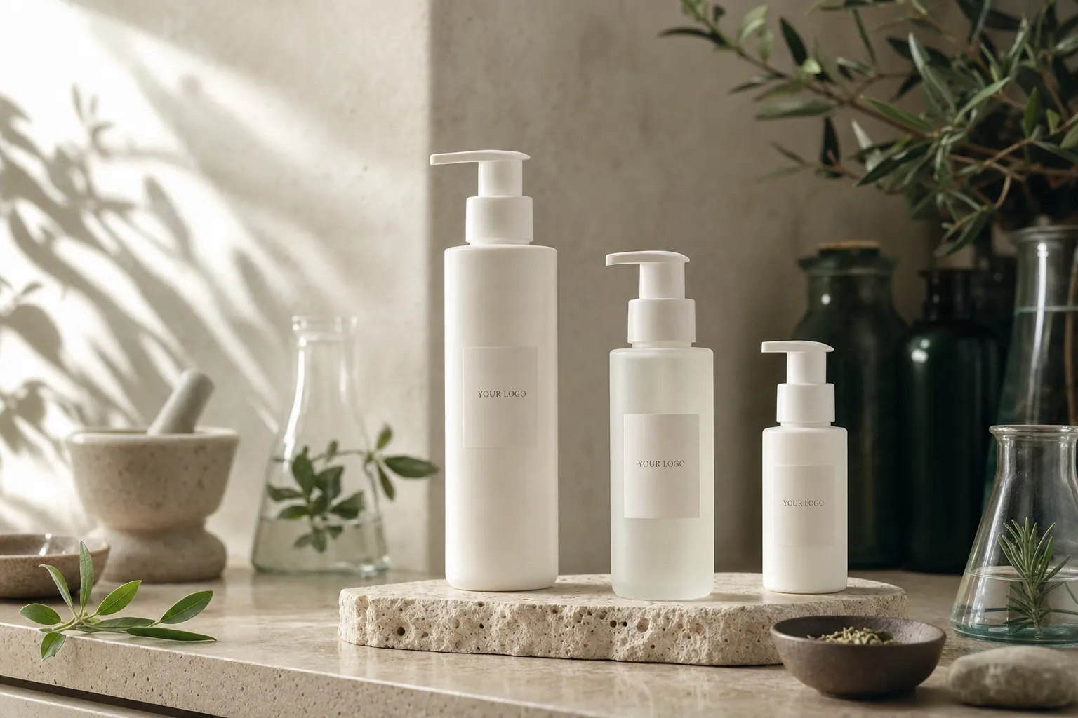 Pump bottles in white-label packaging