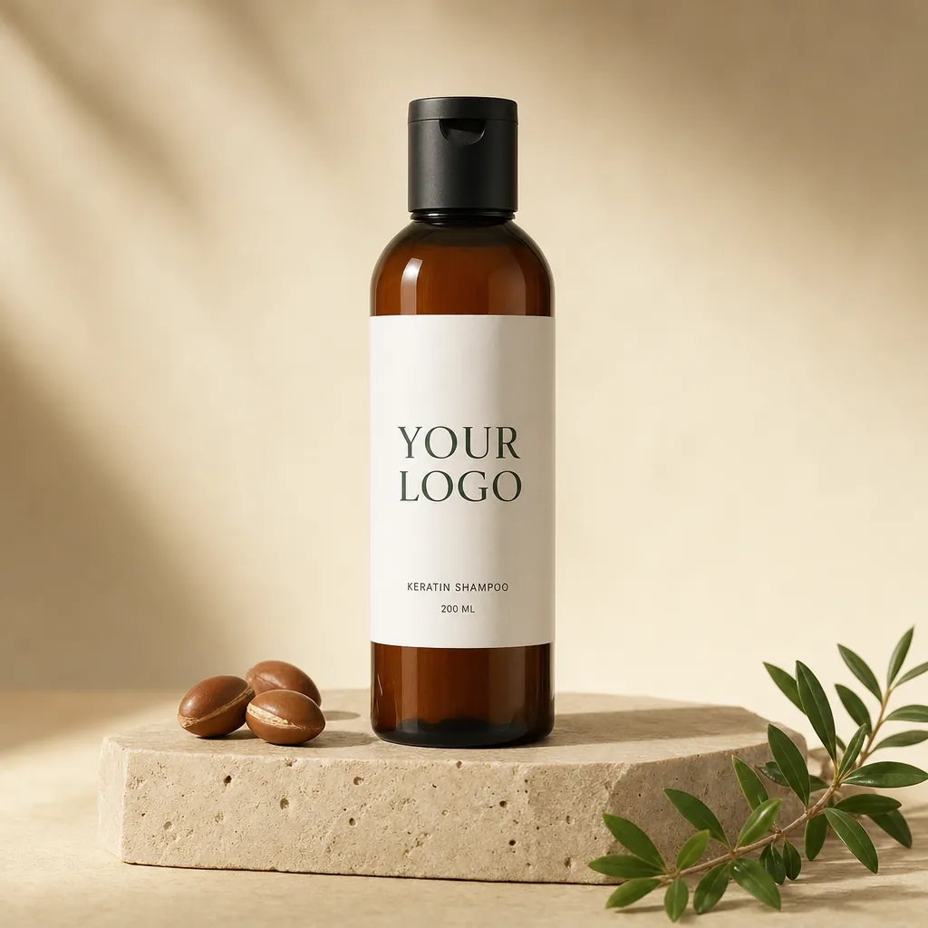 All-in-One Keratin Shampoo, 200 ml, in white-label packaging on travertine