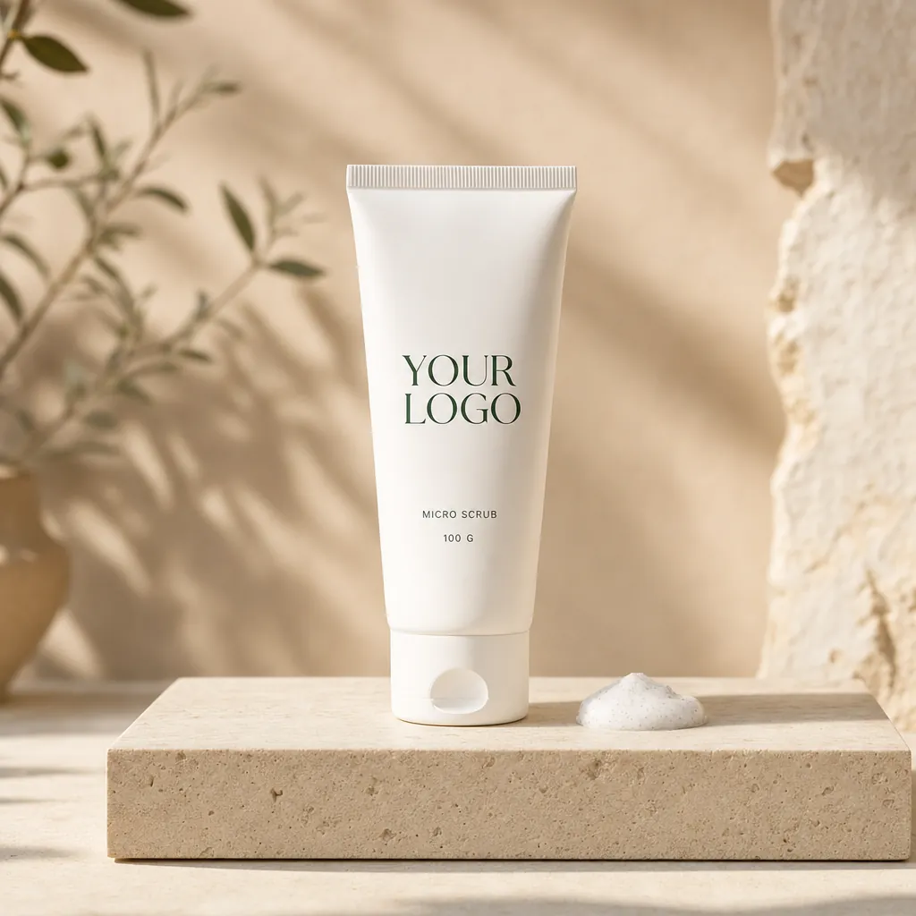 Aluminium Oxide Scrub, 100 g, in white-label packaging on travertine