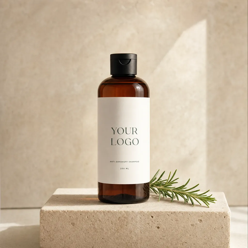 Anti-Dandruff Shampoo, 200 ml, in white-label packaging on travertine