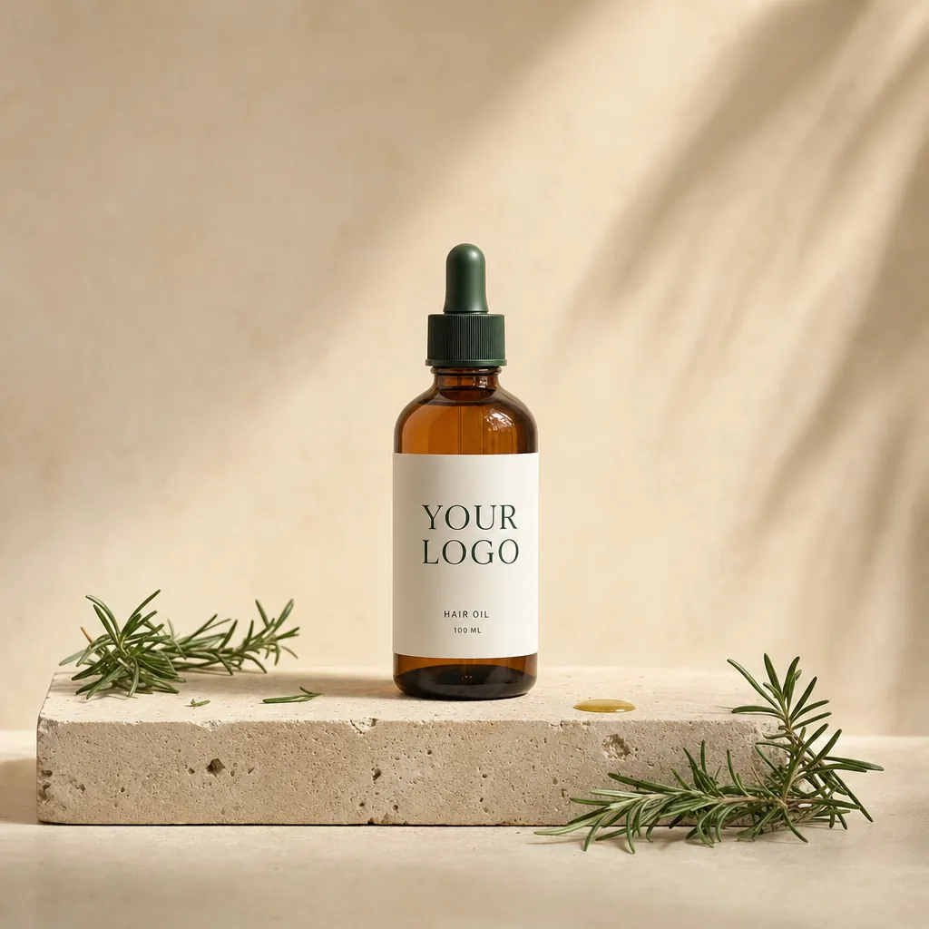 Anti-Hairfall Hair Oil, 100 ml, in white-label packaging on travertine