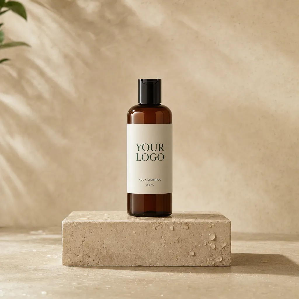 Aqua Hyaluronic Shampoo, 200 ml, in white-label packaging on travertine