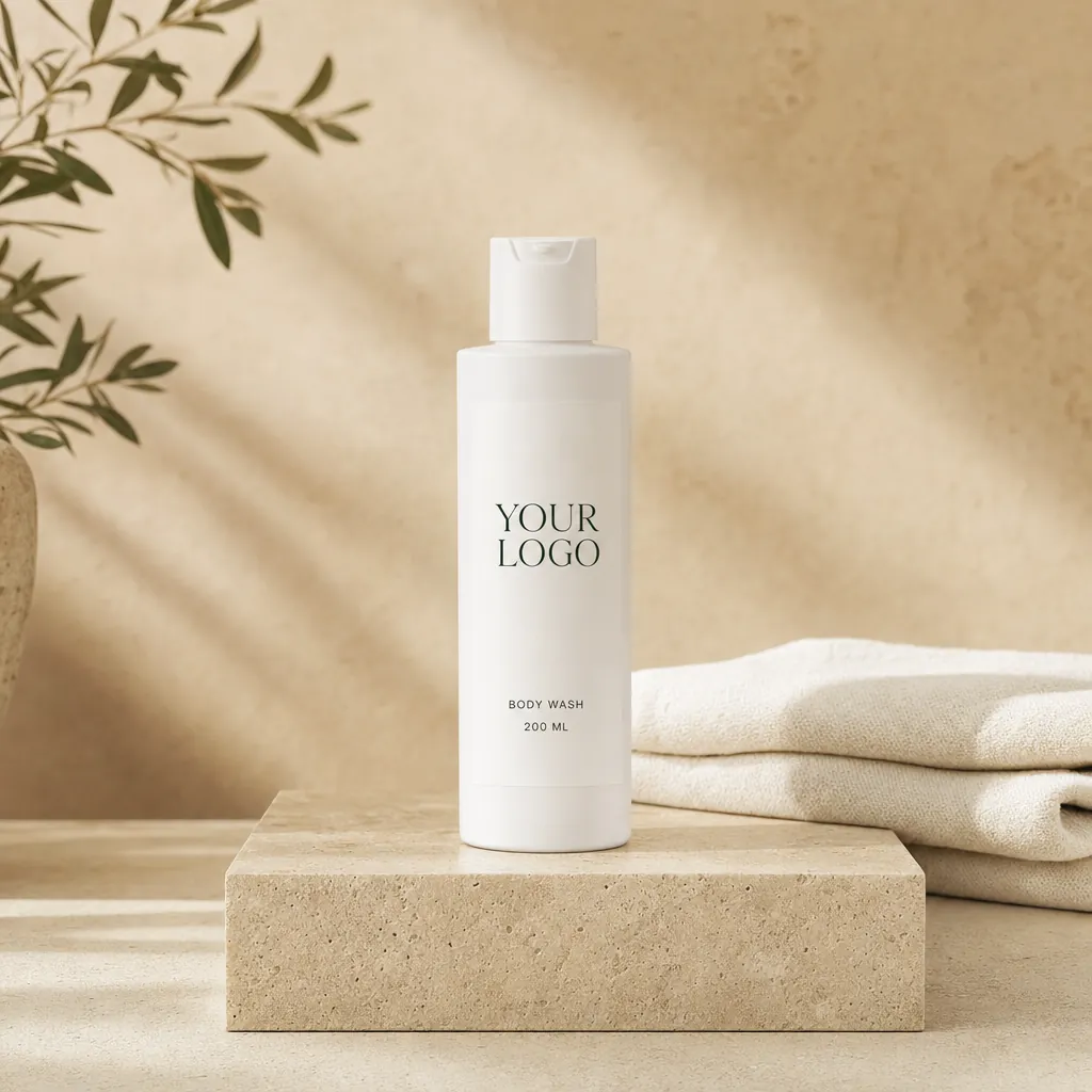 Body Wash, 200 ml, in white-label packaging on travertine