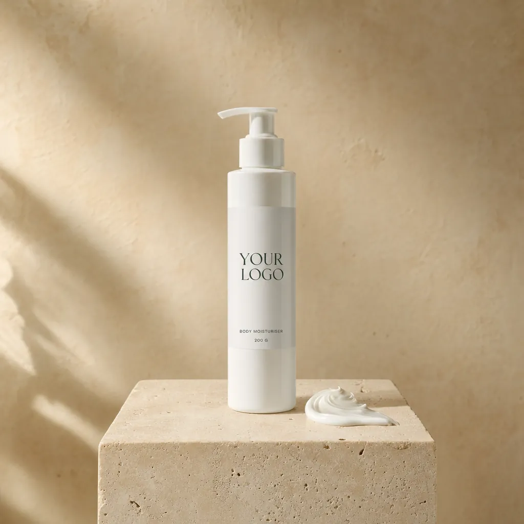 Body Whitening Moisturiser, 200 g, in white-label packaging on travertine