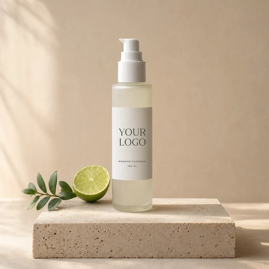Cita Care Morning Cleanser, 100 ml, in white-label packaging on travertine