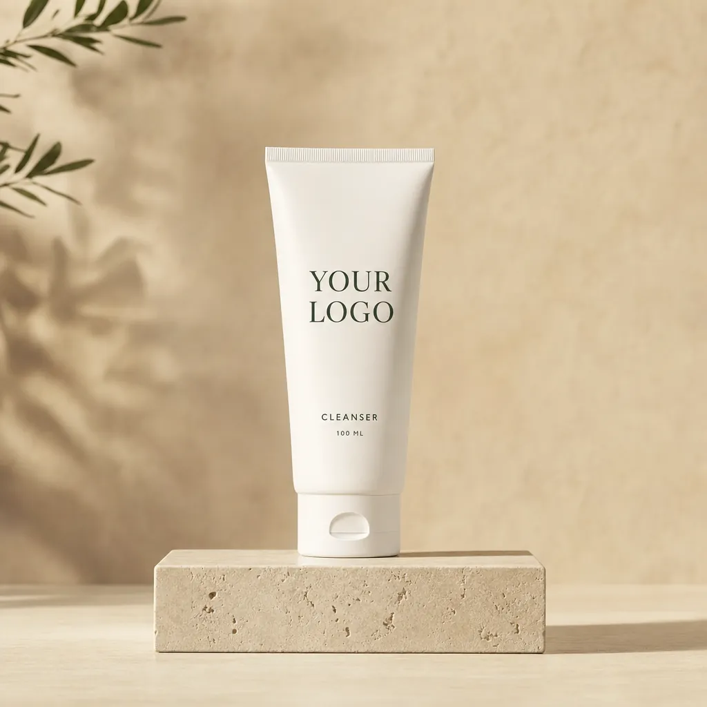 Cleanser, 100 ml, in white-label packaging on travertine