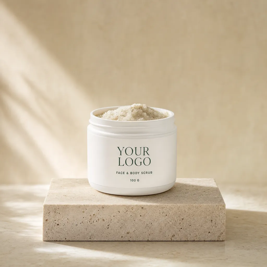 Face & Body Scrub, 100 g, in white-label packaging on travertine