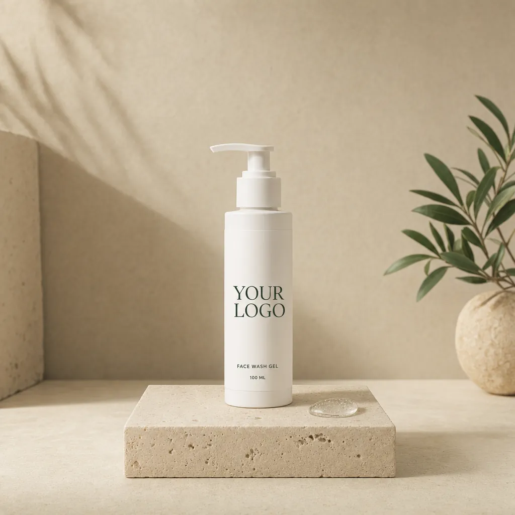 Face Wash Gel, 100 ml, in white-label packaging on travertine