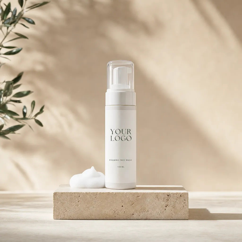 Foaming Face Wash, 150 ml, in white-label packaging on travertine