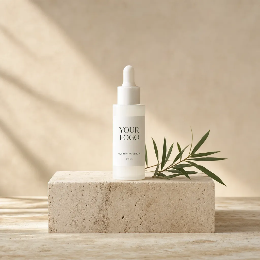 Go Acne Face Serum, 30 ml, in white-label packaging on travertine