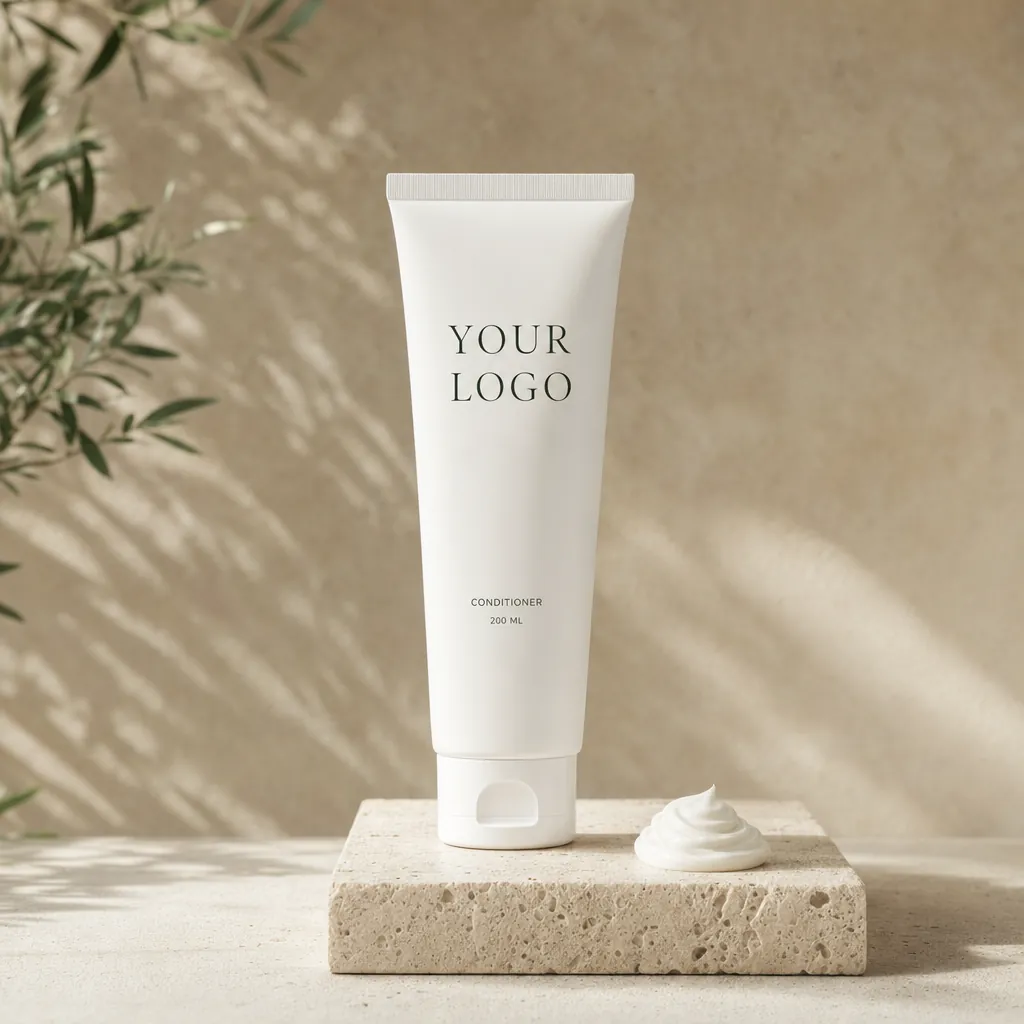 Hair Conditioner, 200 ml, in white-label packaging on travertine
