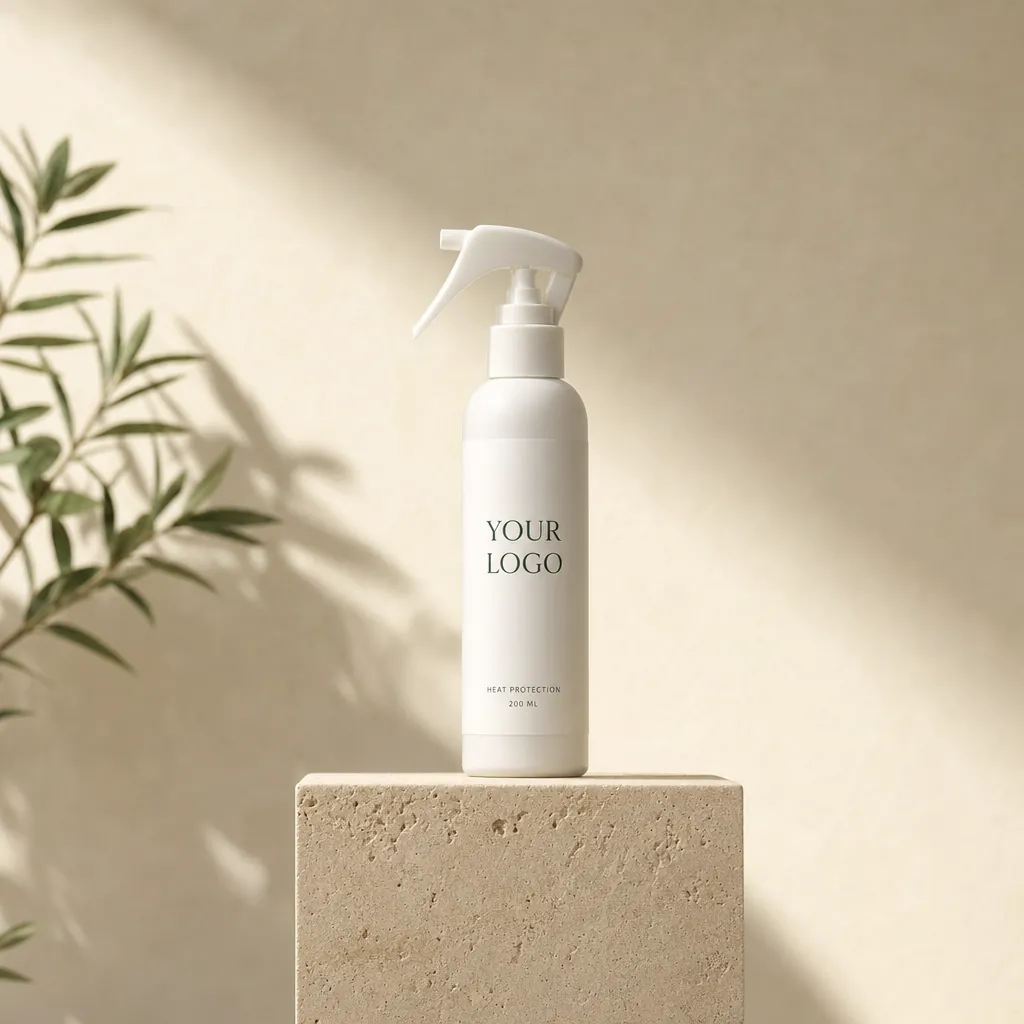 Hair Heat Protection, 200 ml, in white-label packaging on travertine