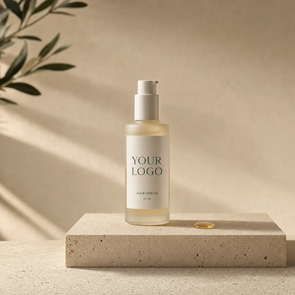 Hair Serum, 60 ml, in white-label packaging on travertine