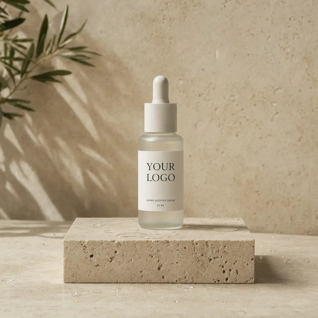 Hydro Booster Face Serum, 30 ml, in white-label packaging on travertine