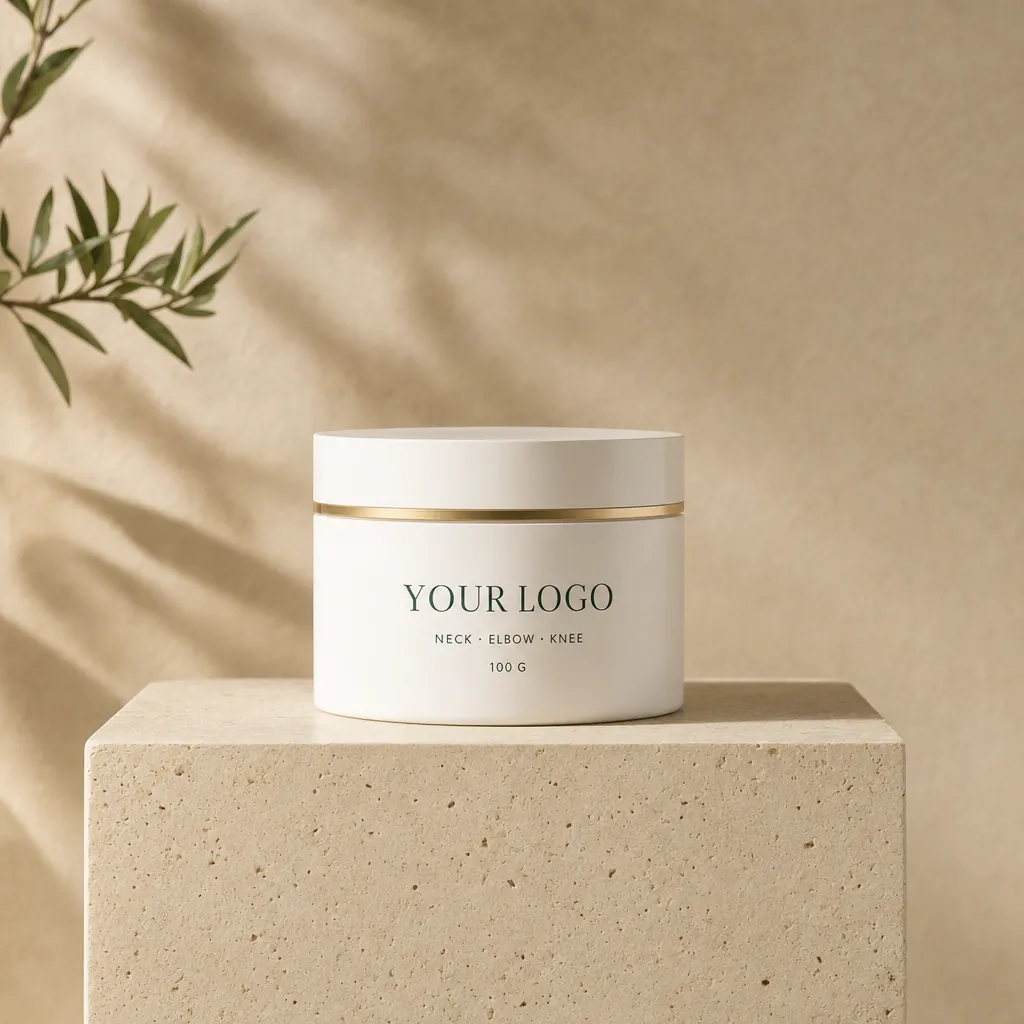Intense Glowing: Neck, Elbow & Knee, 100 g, in white-label packaging on travertine