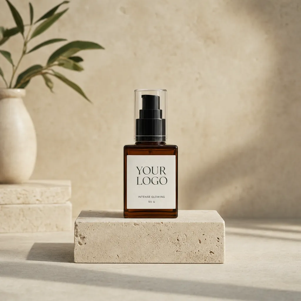 Intense Glowing: Underarm & Inner Thigh, 50 g, in white-label packaging on travertine