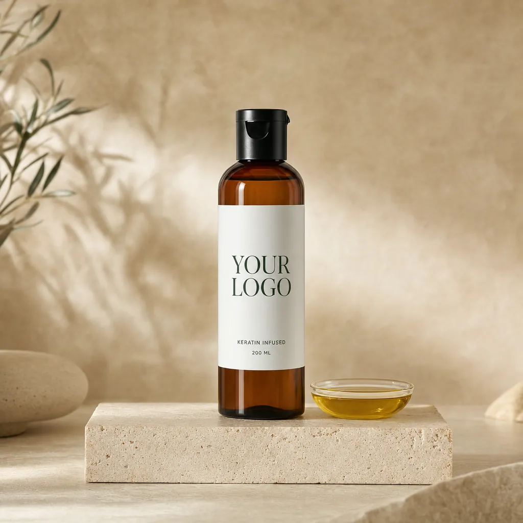 Keratin-Infused Shampoo, 200 ml, in white-label packaging on travertine