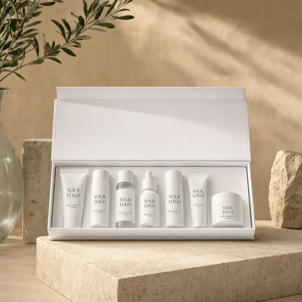 Korean Facial Kit, 7 steps, in white-label packaging on travertine