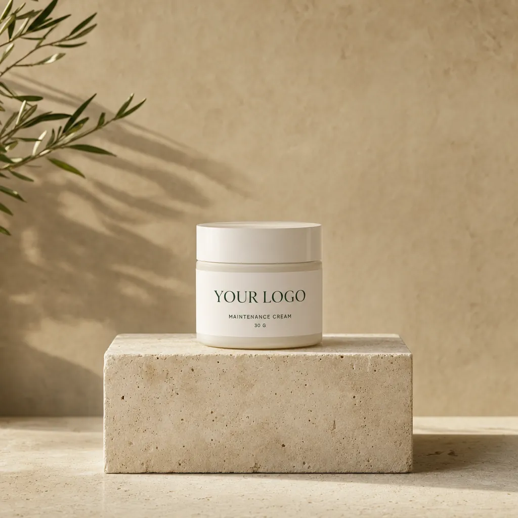 Maintenance Cream, 30 g, in white-label packaging on travertine