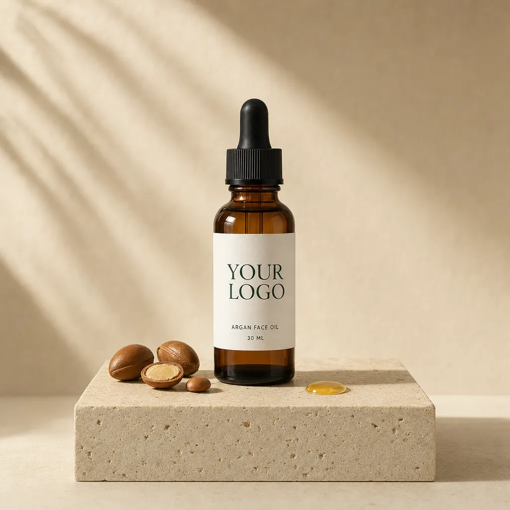 Moroccan Argan Face Oil, 30 ml, in white-label packaging on travertine