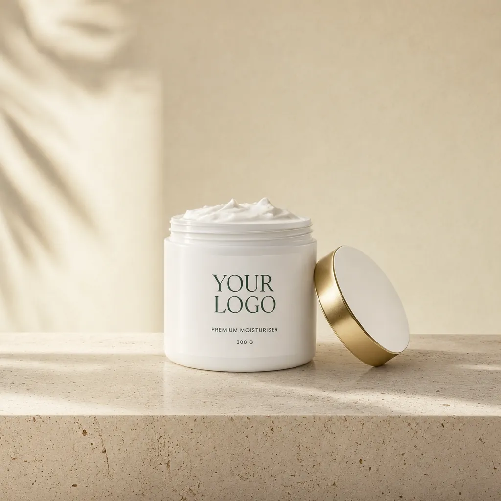 Premium Moisturiser, 300 g, in white-label packaging on travertine