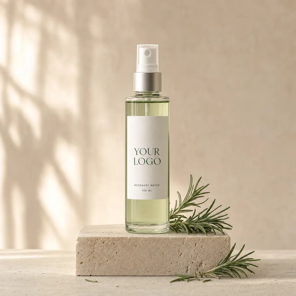 Rosemary Water Spray, 100 ml, in white-label packaging on travertine