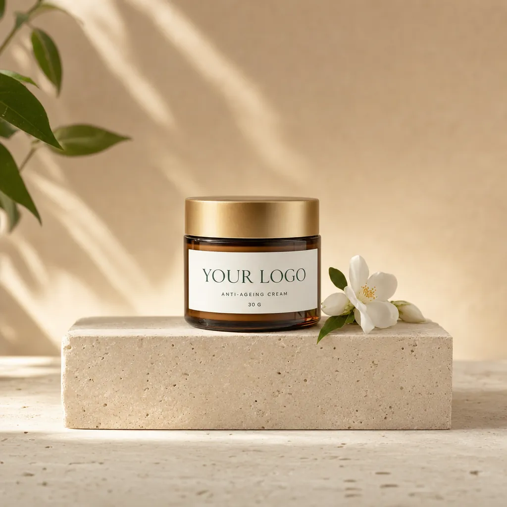 Skin Lightening & Anti-Ageing Cream, 30 g, in white-label packaging on travertine