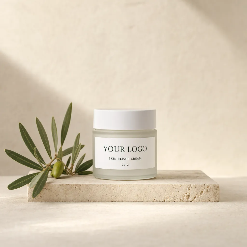 Skin Repair Cream, 30 g, in white-label packaging on travertine