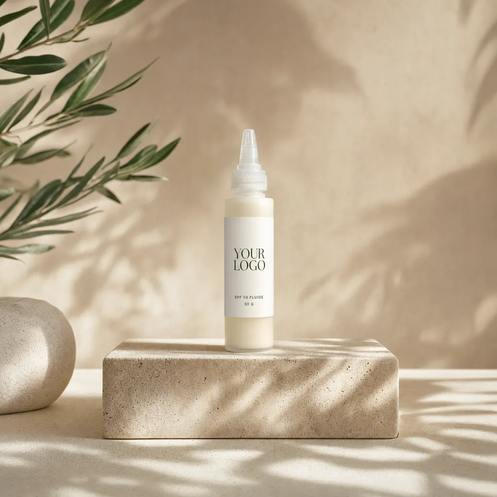 Sunscreen Fluide SPF 50, 30 g, in white-label packaging on travertine