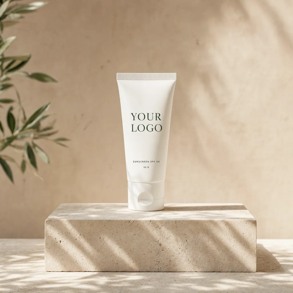 Sunscreen SPF 50, 30 g, in white-label packaging on travertine
