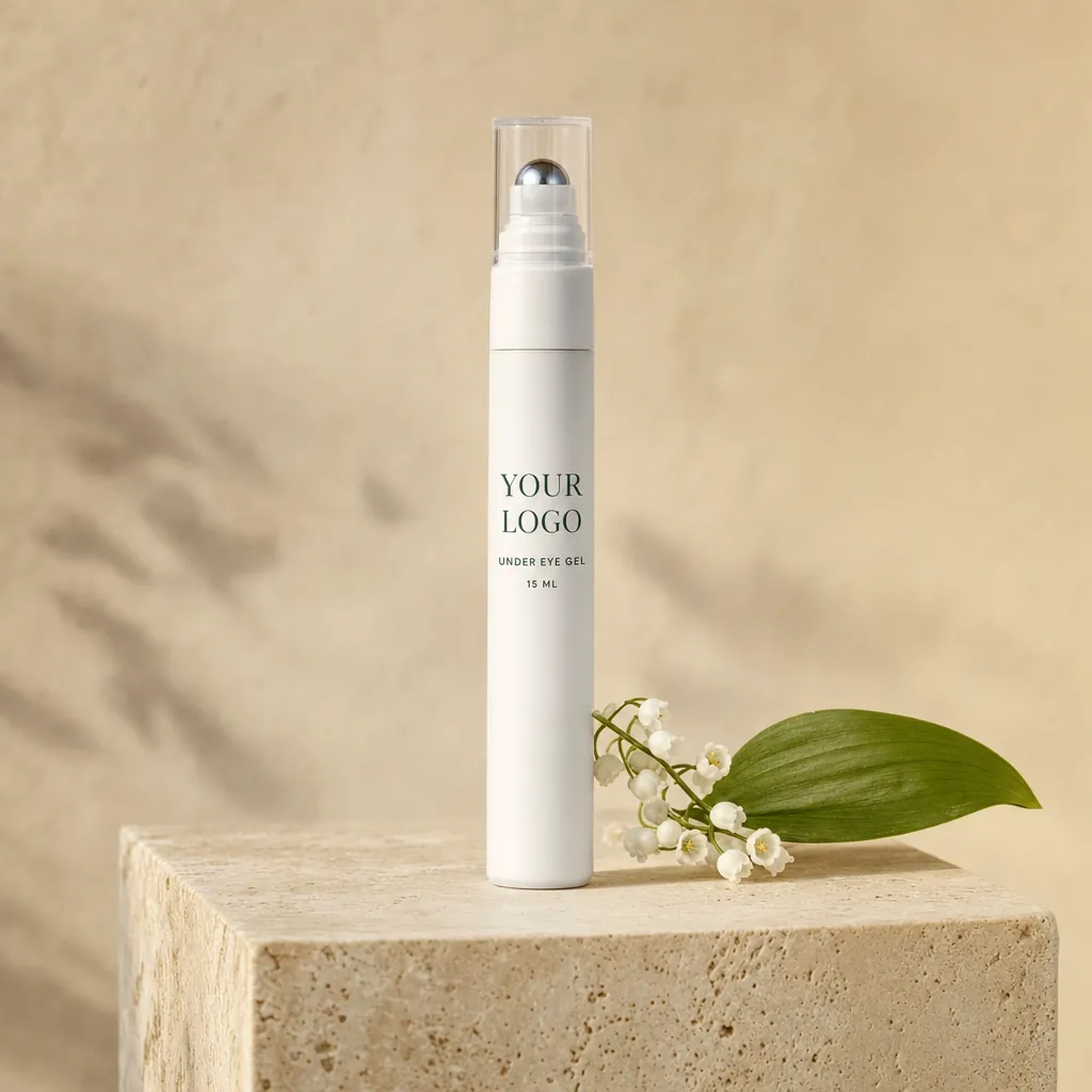 Under Eye Gel, 15 ml, in white-label packaging on travertine
