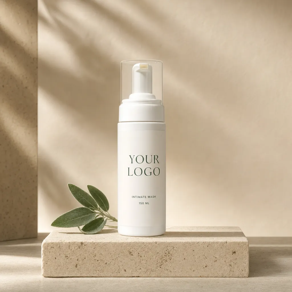 Unisex Foaming Intimate Wash, 150 ml, in white-label packaging on travertine