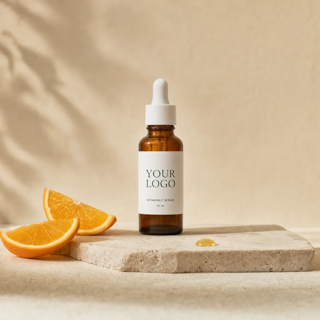 Vitamin C + Hyaluronic Acid Face Serum, 30 ml, in white-label packaging on travertine
