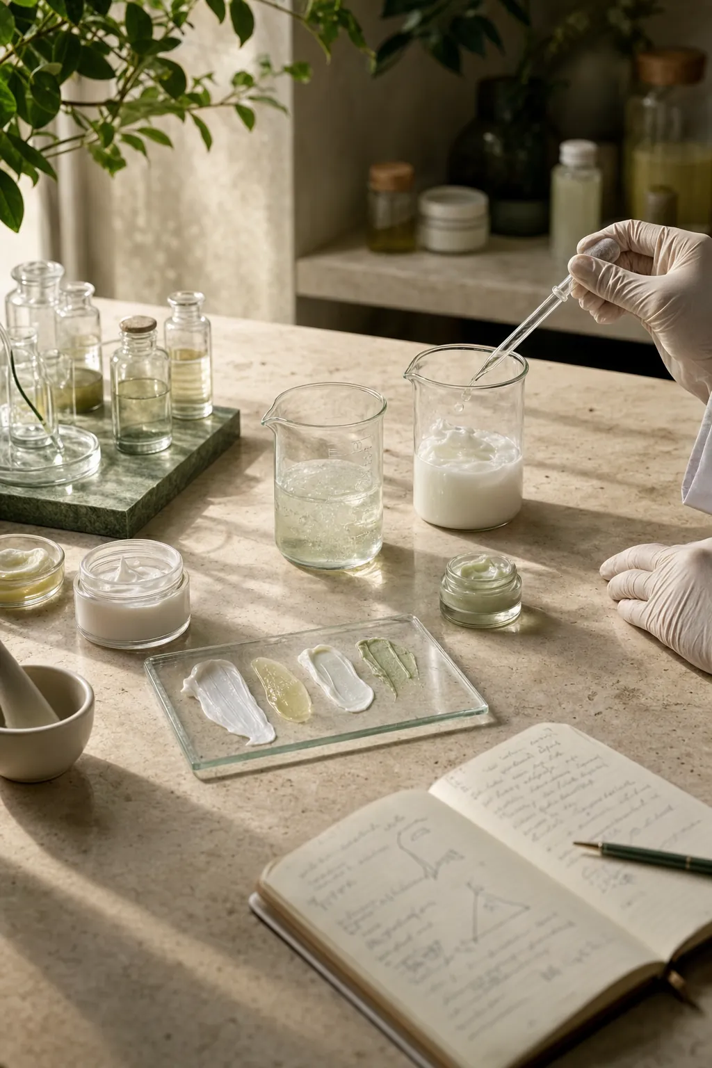 A formulation bench with beakers of cream and gel, a pipette and swatches on glass