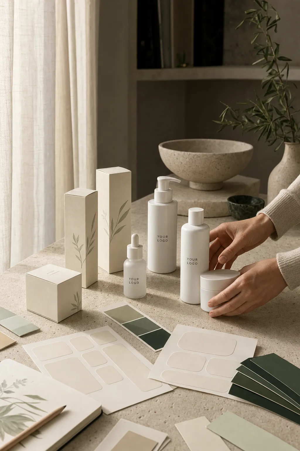 Printed cartons, label sheets and colour swatches on a design table
