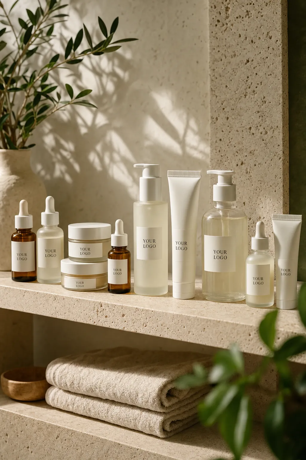 A finished white-label range of bottles, jars and tubes on a travertine shelf