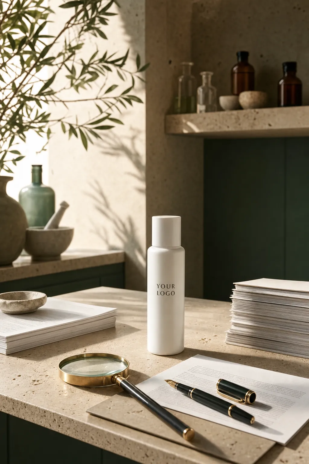 Neat stacks of product documents beside a magnifying glass and a bottle