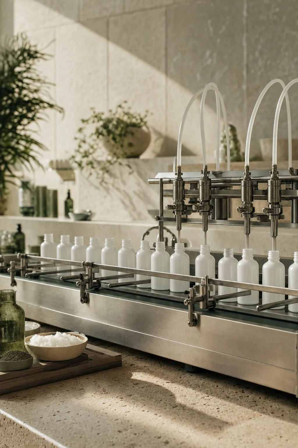 White bottles moving under stainless-steel filling nozzles