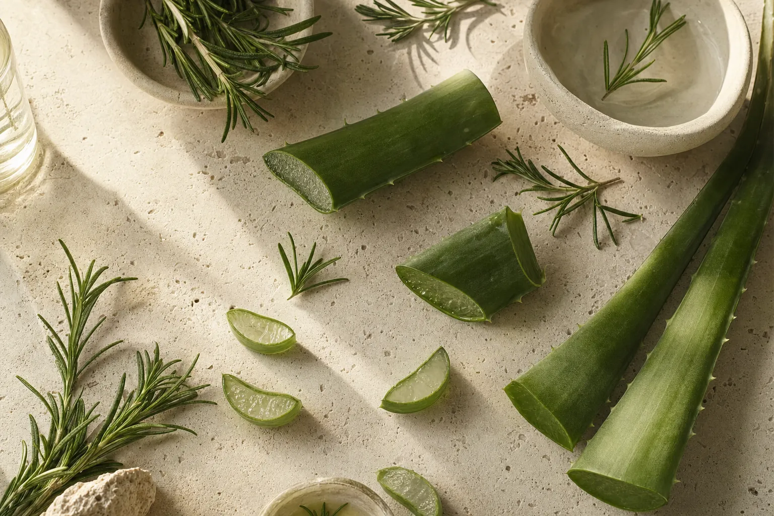 Cut aloe vera leaves and fresh rosemary on travertine