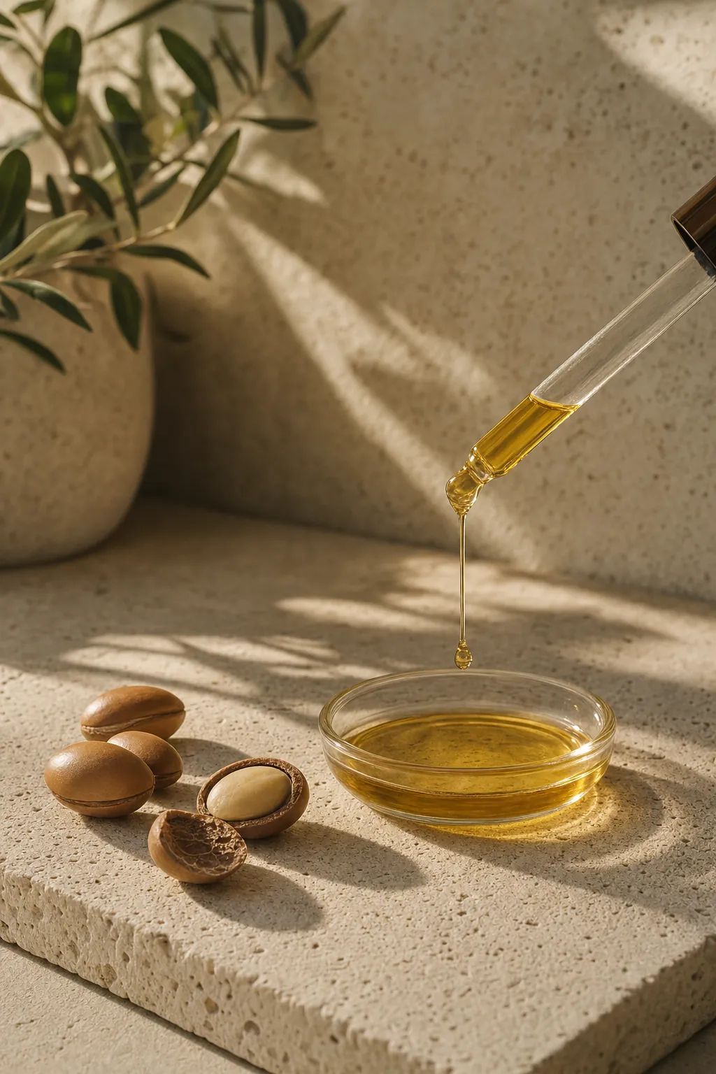 Argan oil dripping from a dropper into a glass dish
