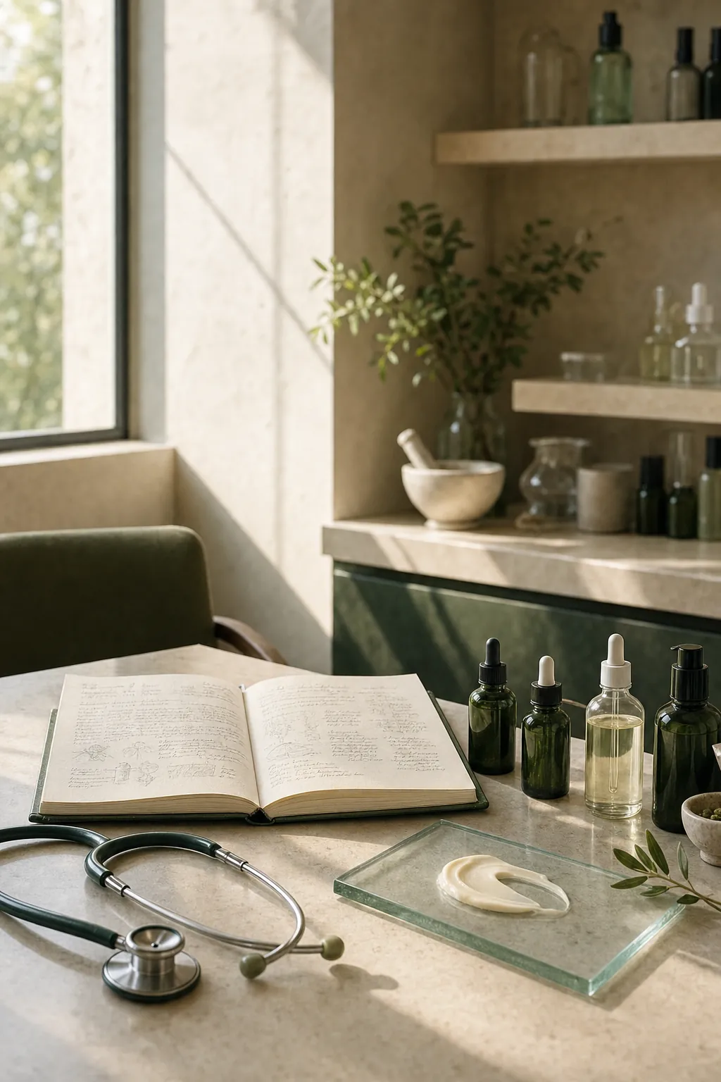 A doctor's desk with a stethoscope, a formulation notebook and serum bottles