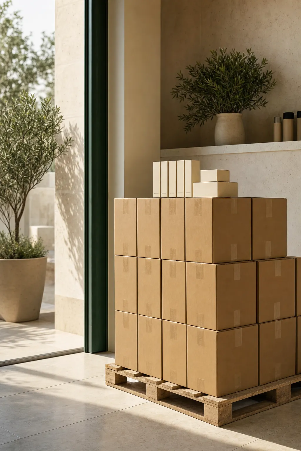 Sealed cartons stacked on a pallet, ready for dispatch