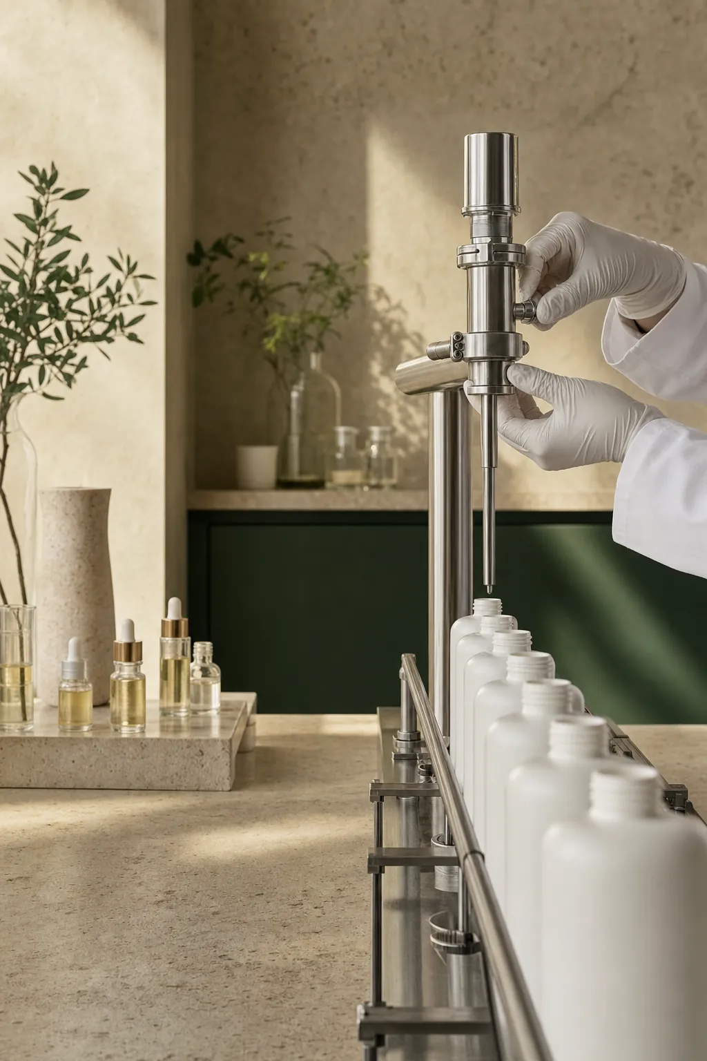 Gloved hands adjusting a filling nozzle above bottles