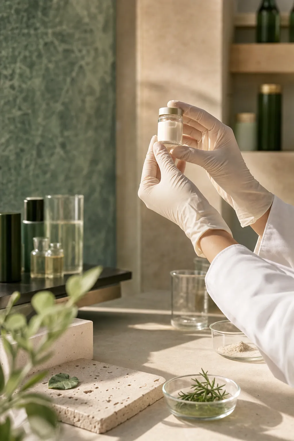 Gloved hands holding a cream sample up to the light