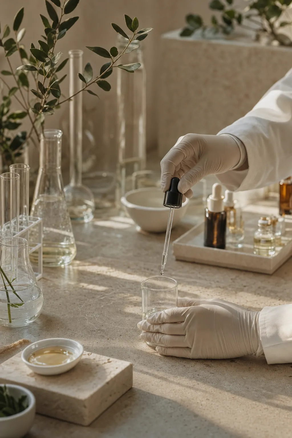 Gloved hands pipetting serum into a beaker