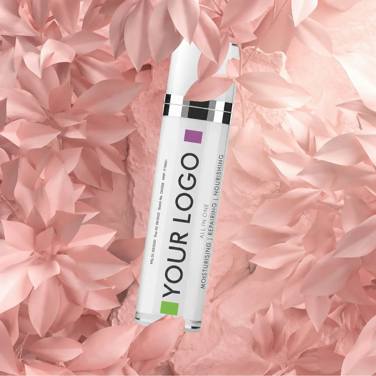 A white-label moisturiser pump bottle among pink leaves