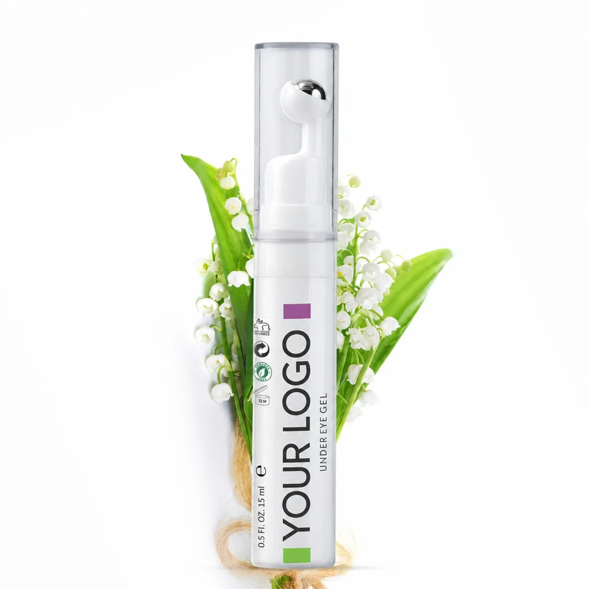 A white-label under-eye gel roller tube with lily of the valley